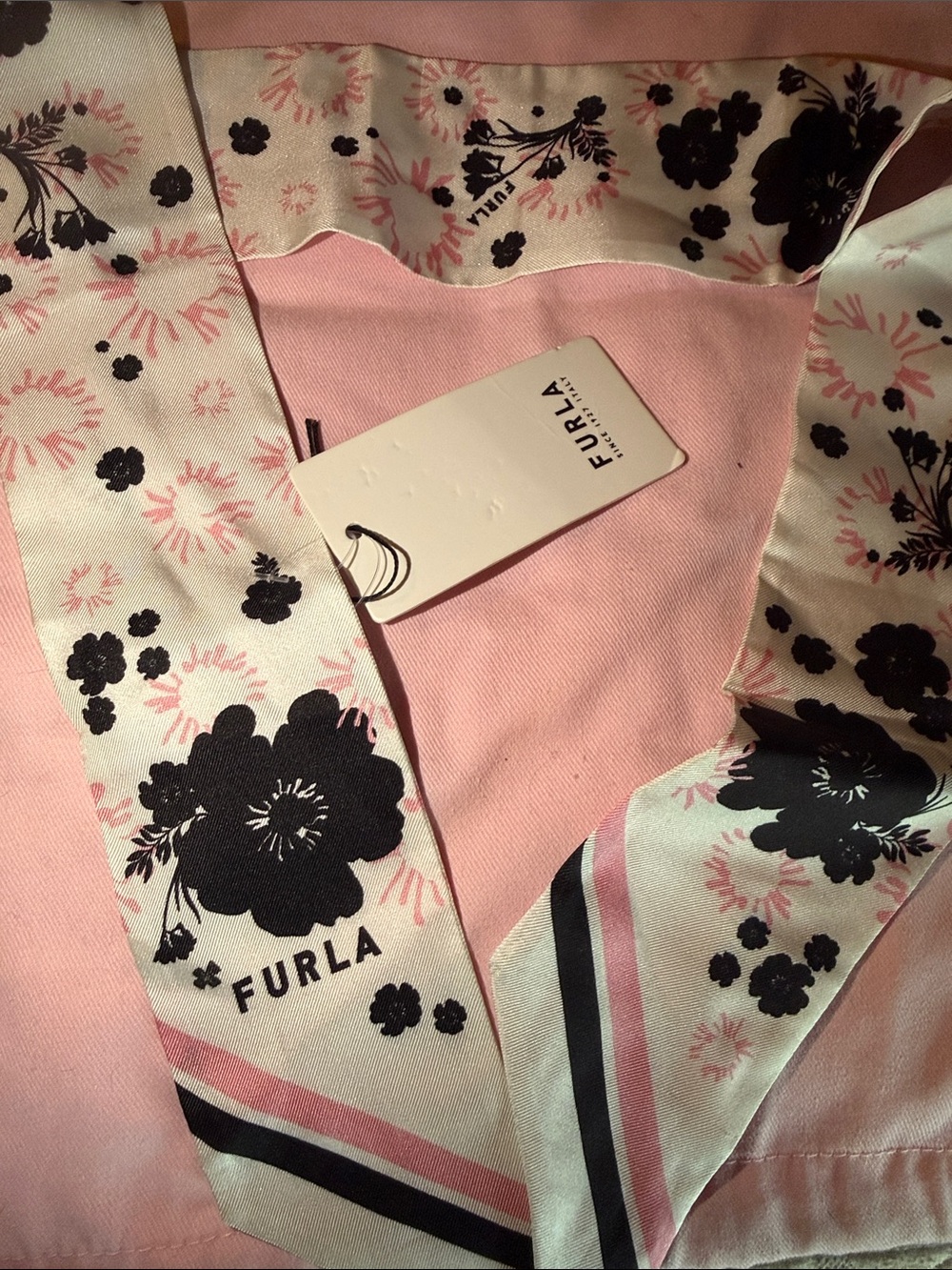Furla Black & Pink Floral Silk Scarf Tie
